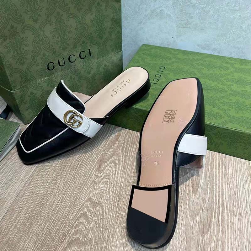 Gucci Women GG Slipper Double G Black Leather Matelassé Chevron Insert