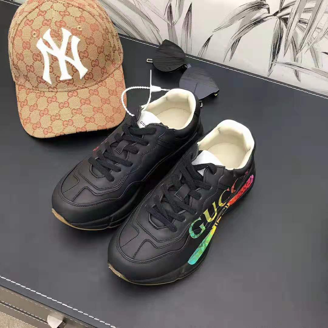 Gucci Men Rhyton Leather Sneaker with Gucci Logo in 5.1 cm Height-Black
