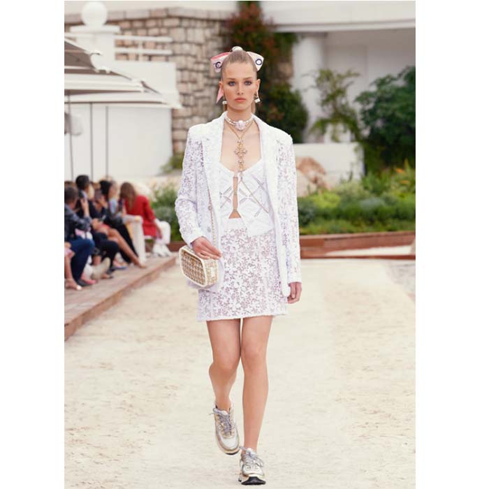 Chanel Women CC Sneakers Fabric Laminated White Gold Silver 1 Cm Heel