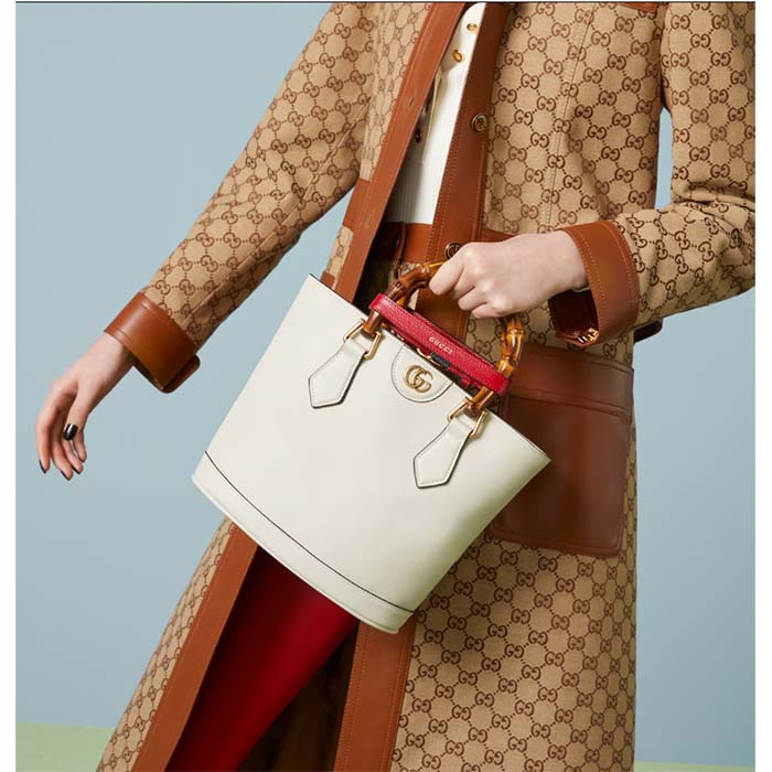 Gucci Women Diana Small Tote Bag White Leather Gold-Toned Hardware Double G