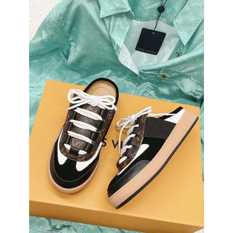 Louis Vuitton Women LV Lous Open-Back Sneaker Black Suede Calf Leather Double Laces