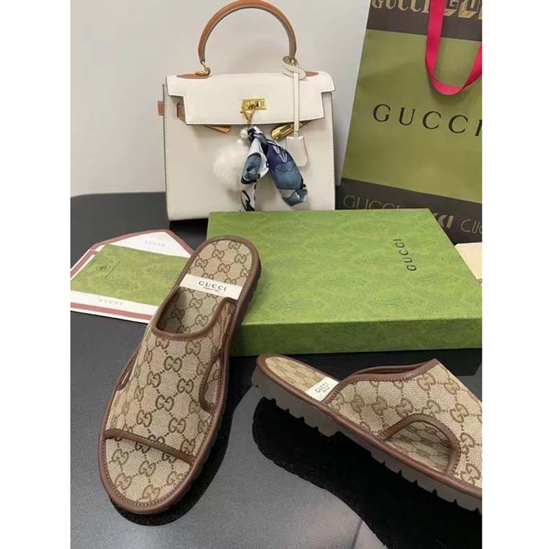 Gucci Unisex GG Supreme Slide Sandal Beige Ebony Canvas Rubber Flat 1 Cm Heel