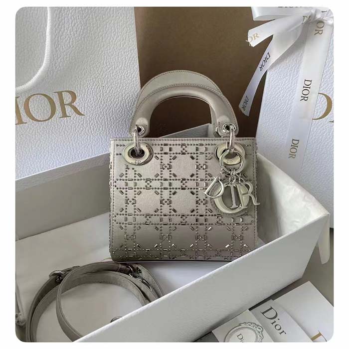 Dior Women CD Mini Lady Dior Bag Platinum Metallic Cannage Lambskin Beaded Embroidery
