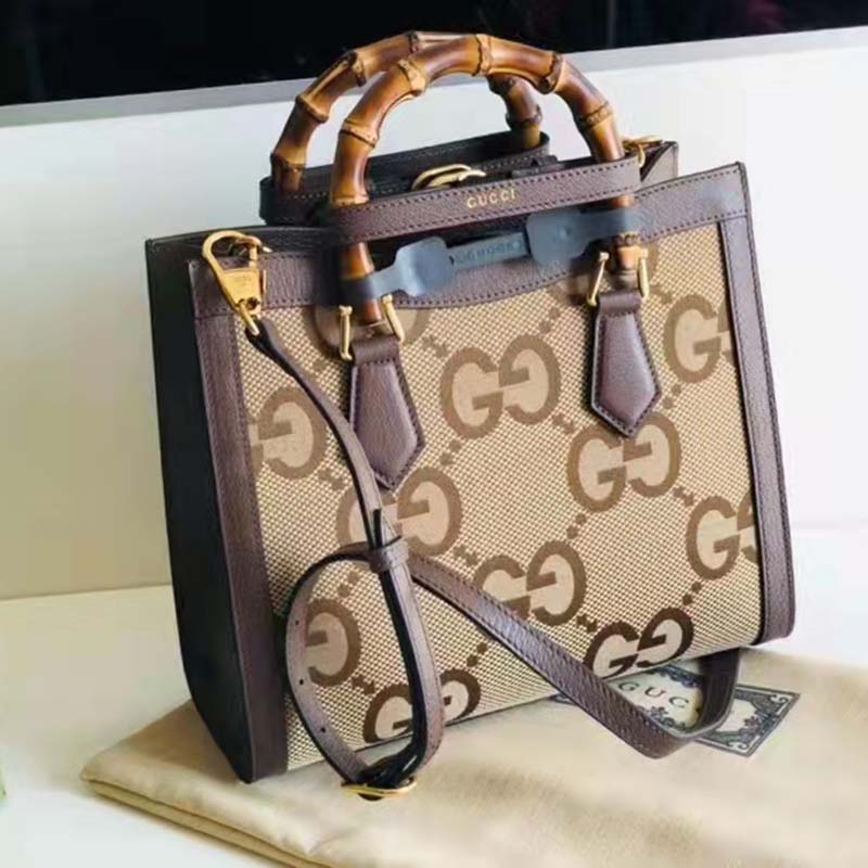 Gucci Women Gucci Diana Jumbo GG Small Tote Bag Double G Camel Canvas