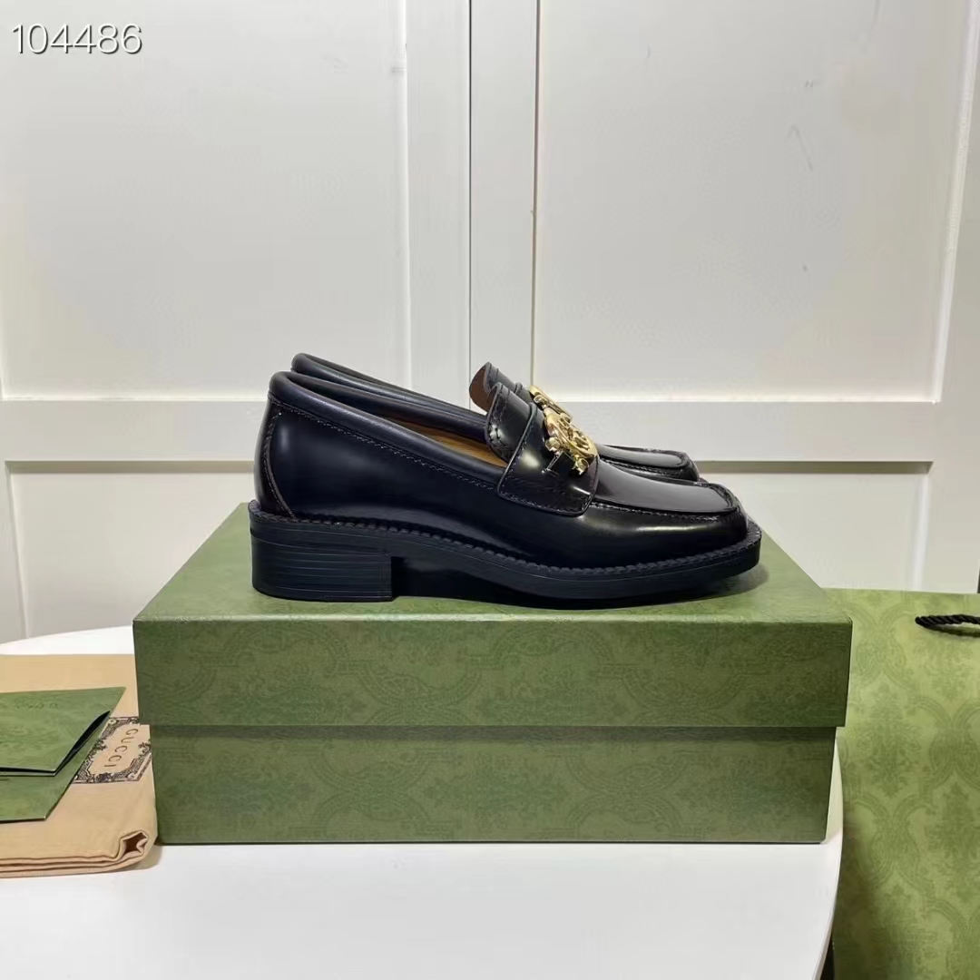 Gucci Women GG Loafer Interlocking G Shiny Black Leather Low 2.5 Cm Heel