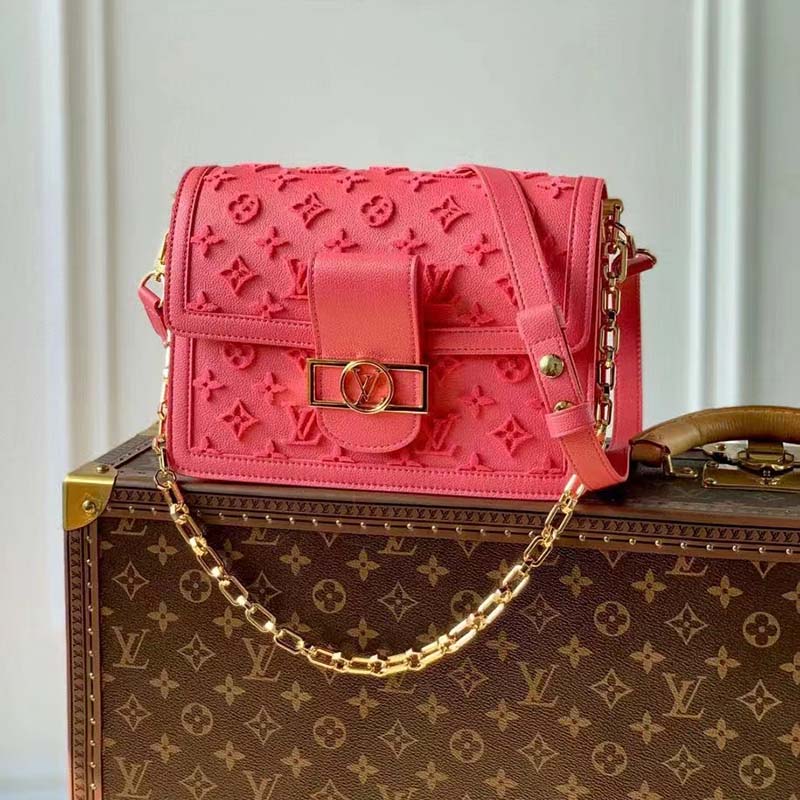 Louis Vuitton LV Women Mini Dauphine Handbag Fluo Pink Tufted Grained Calfskin Leather