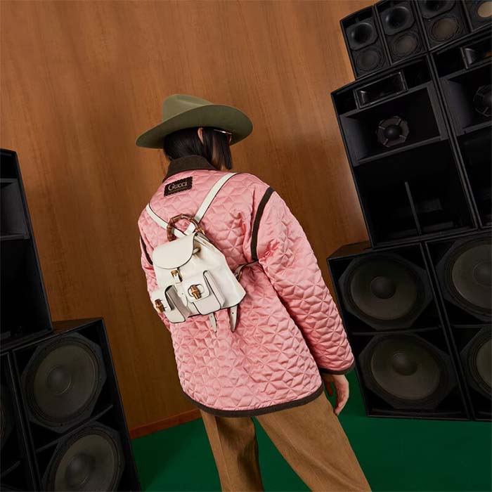 Gucci Unisex GG Bamboo Small Backpack White Leather Bamboo Handle