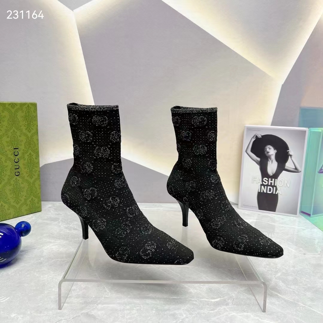 Gucci Women GG Knit Ankle Boots Black Grey Technical Knit Fabric Square Toe Leather Mid-Heel