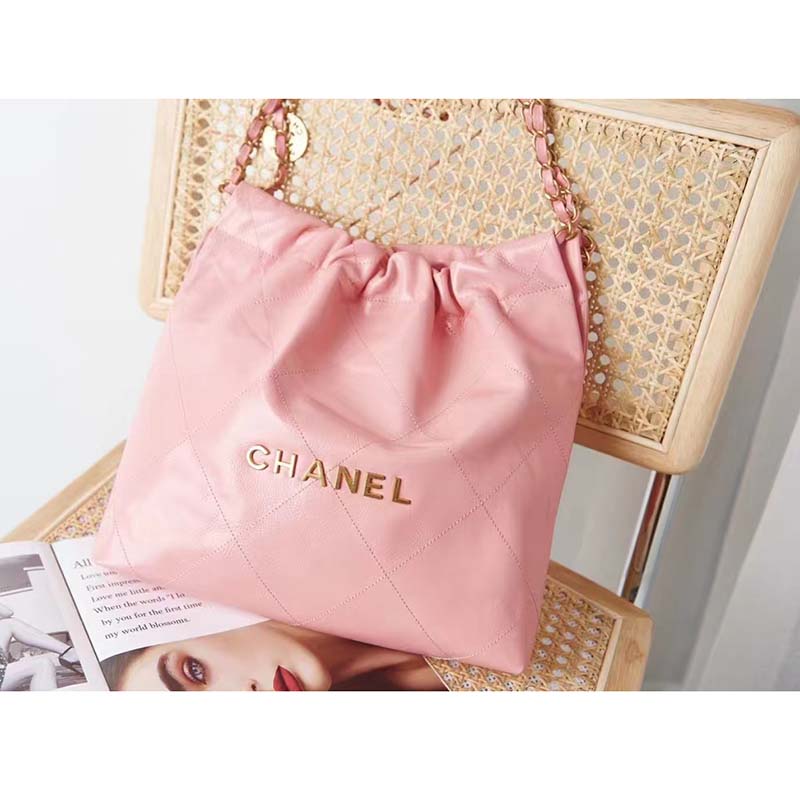Chanel Women 22 Small Handbag Shiny Calfskin Gold-Tone Metal Coral Pink