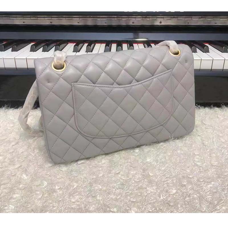 Chanel Women CC Large Classic Handbag Lambskin Gold-Tone Metal Dark Gray