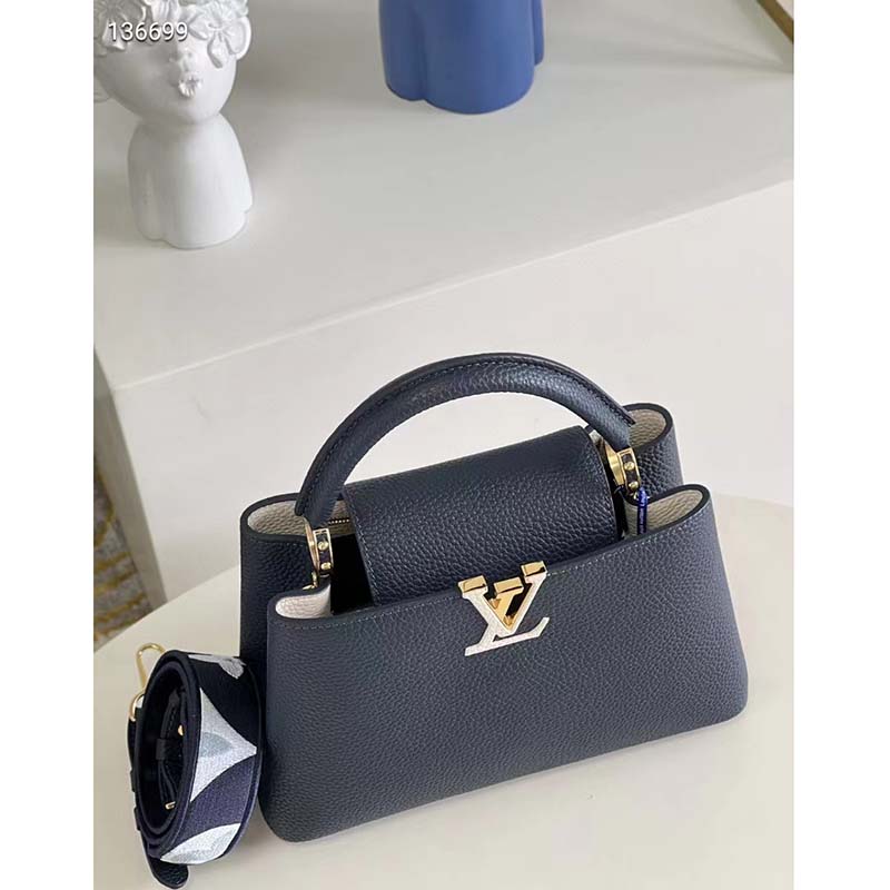 Louis Vuitton LV Women Capucines MM Handbag Blue Navy Taurillon Leather Canvas