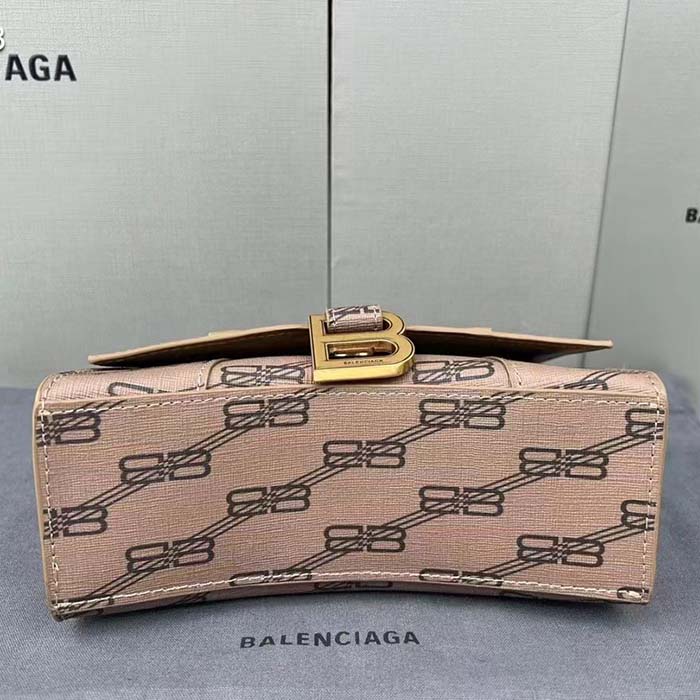 Balenciaga Women Hourglass XS Handbag Beige Brown BB Monogram Coated Canvas
