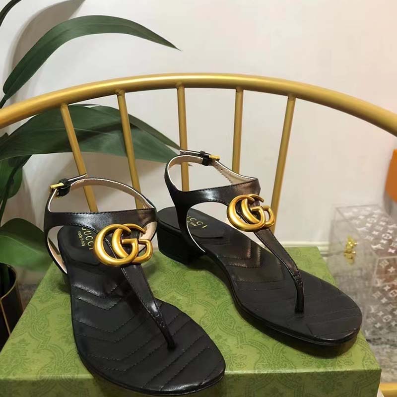 Gucci Women Double G Sandal Black Leather Double G 4.6 cm Heel