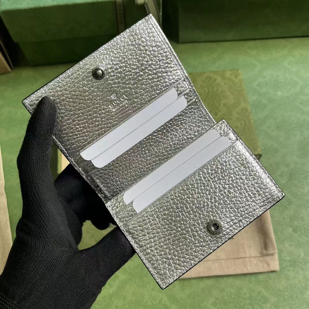 Gucci Unisex GG Marmont Card Case Wallet Metallic Silver Leather Double G