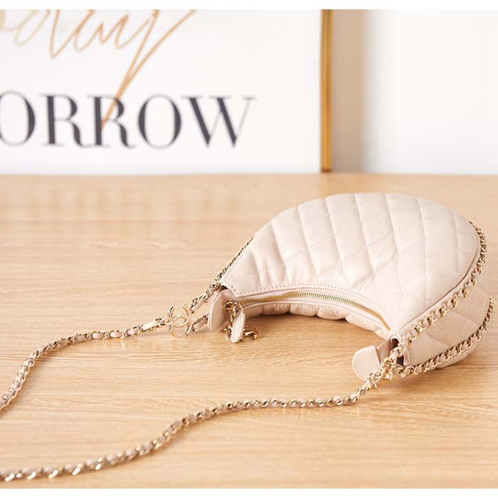 Chanel Women CC Small Hobo Bag Lambskin Shiny Light Gold Metal Ecru