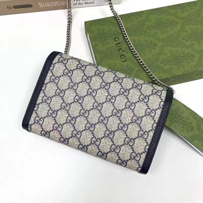 Gucci Women Dionysus GG Mini Chain Wallet Beige Blue GG Supreme Canvas Leather