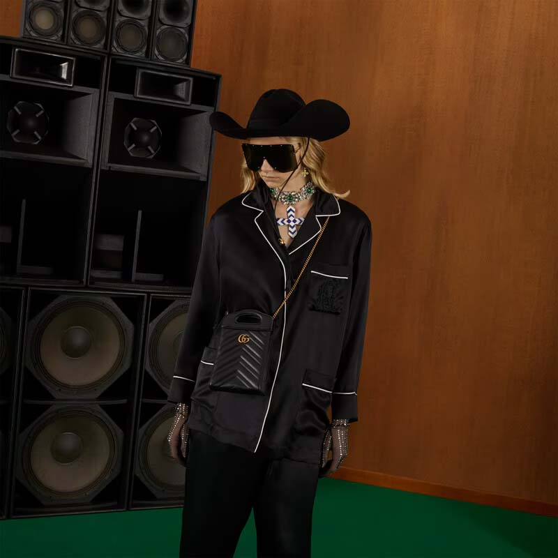 Gucci Women GG Marmont Top Handle Mini Bag Black Matelassé Chevron Leather