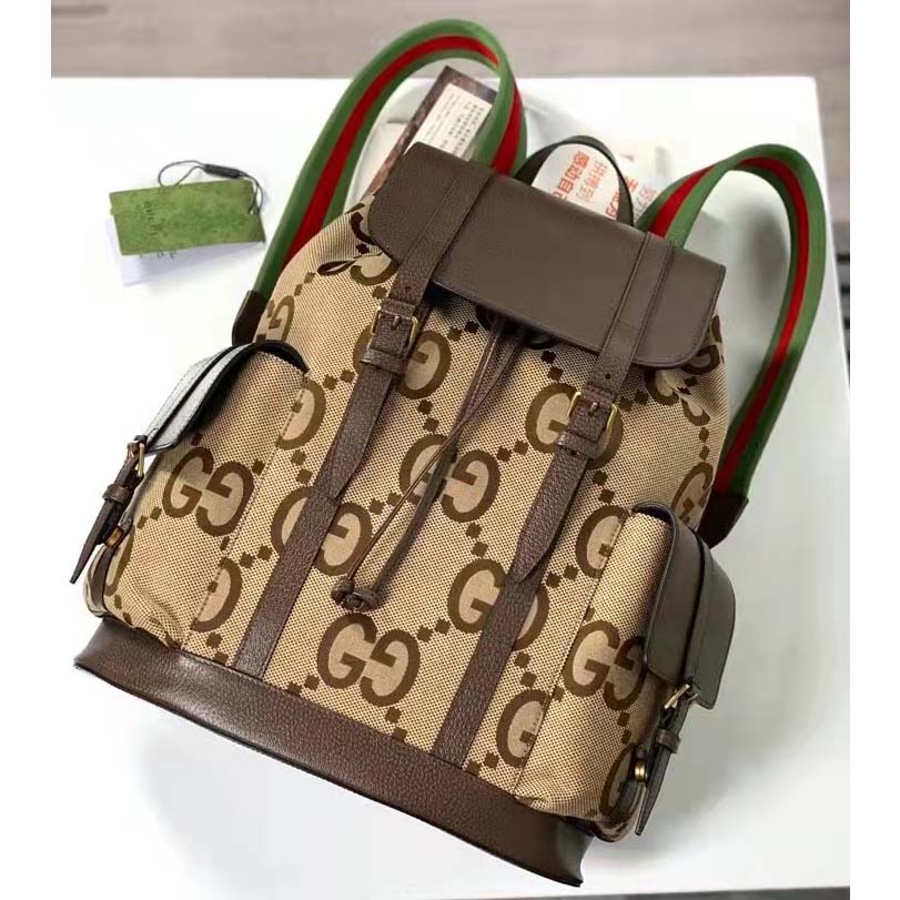 Gucci Unisex Backpack Jumbo GG Camel Ebony Canvas Brown Leather