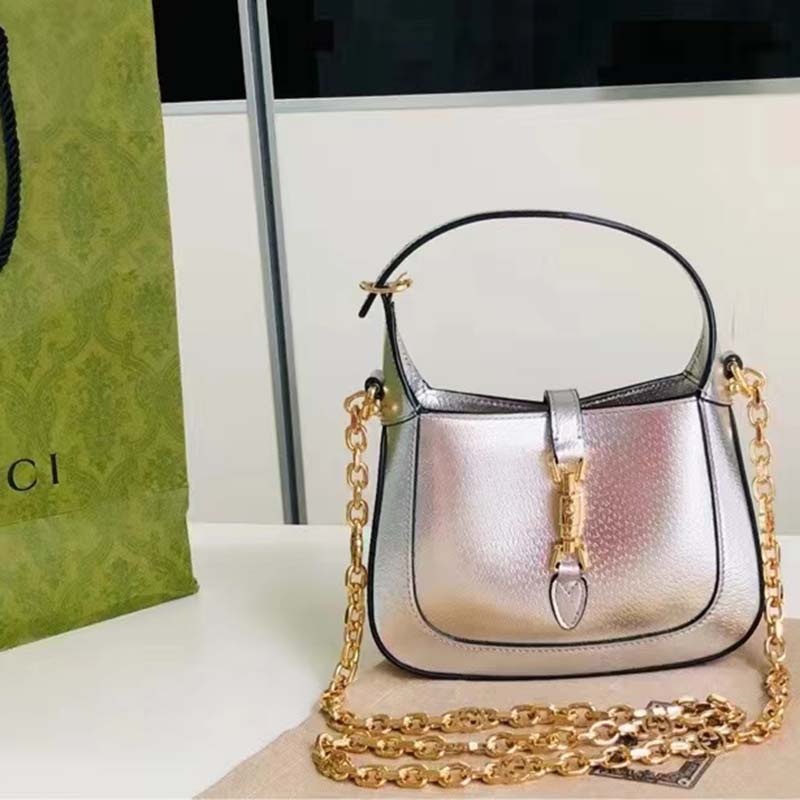 Gucci Women Jackie 1961 Lamé Mini Bag Silver Lamé Leather