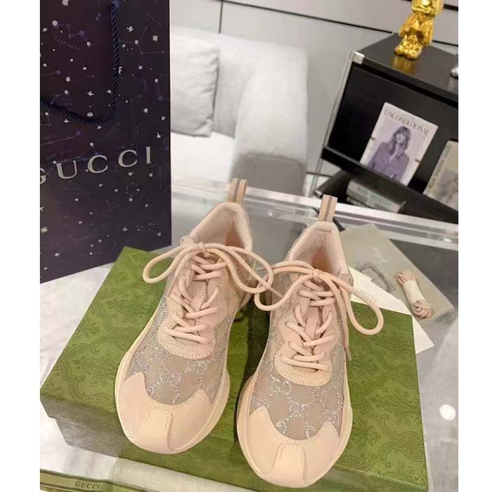Gucci Women GG Gucci Run GG Crystal Mesh Sneaker Pink Suede Mid 6 CM Heel