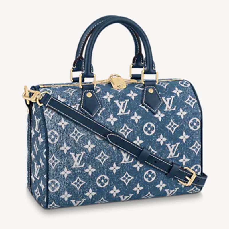 Louis Vuitton LV Women Speedy Bandoulière 25 Handbag Navy Blue Denim Jacquard Calfskin