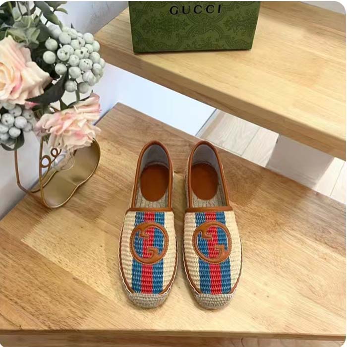 Gucci Unisex GG Interlocking G Espadrilles Natural Raffia Brown Leather Round Toe Flat