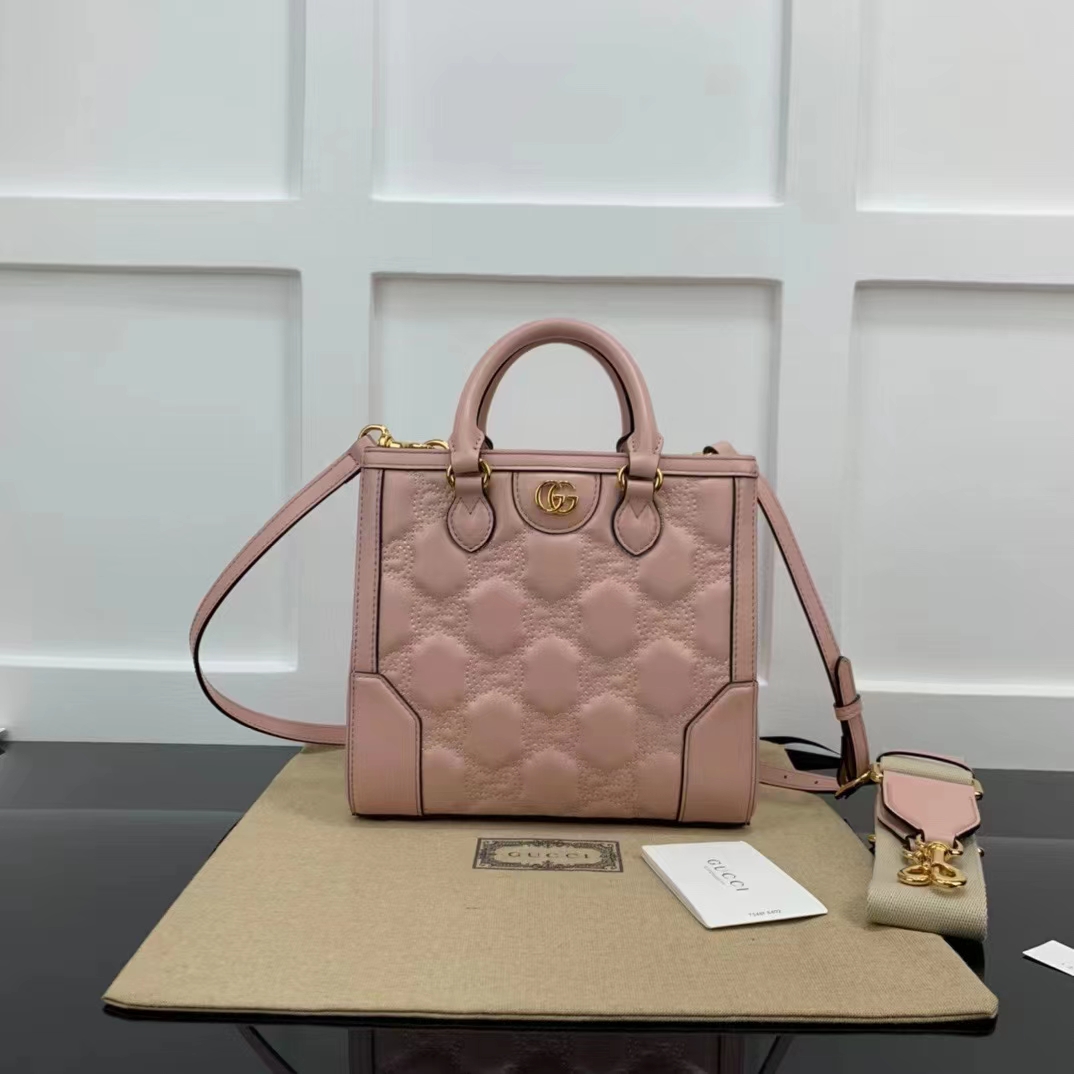 Gucci Women GG Matelassé Mini Top Handle Bag Pink Leather Double G
