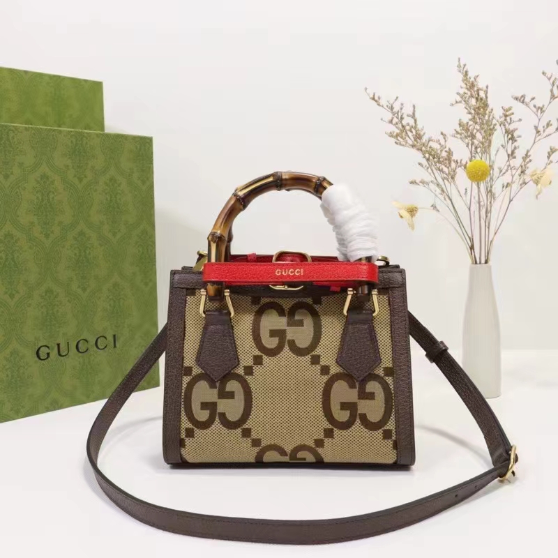 Gucci Unisex Diana Jumbo GG Mini Tote Bag Red Camel Ebony Canvas