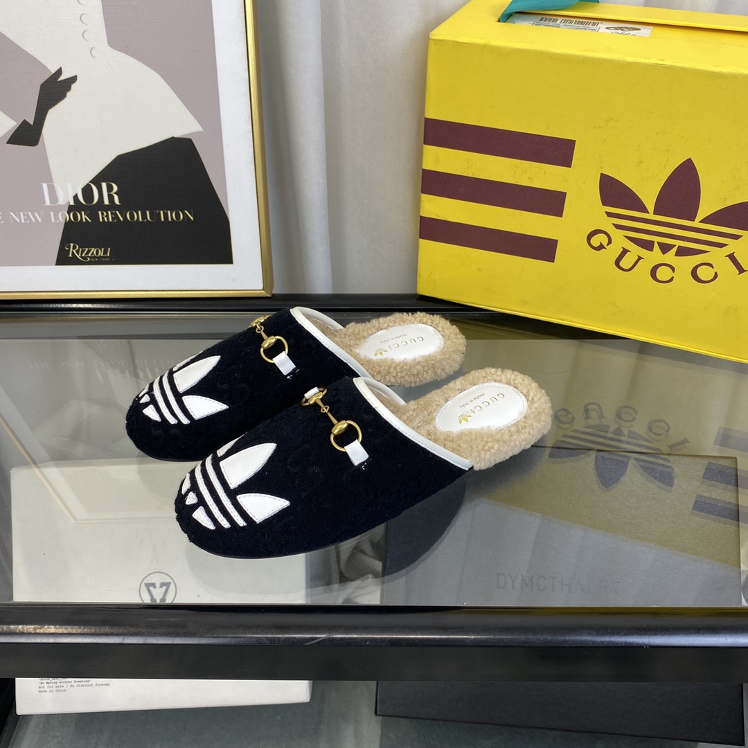 Gucci Women GG Adidas x Gucci Women’s Trefoil Slipper Black Suede Flat