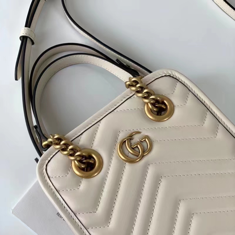 Gucci Women GG Marmont Matelassé Mini Bag White Chevron Leather Double G