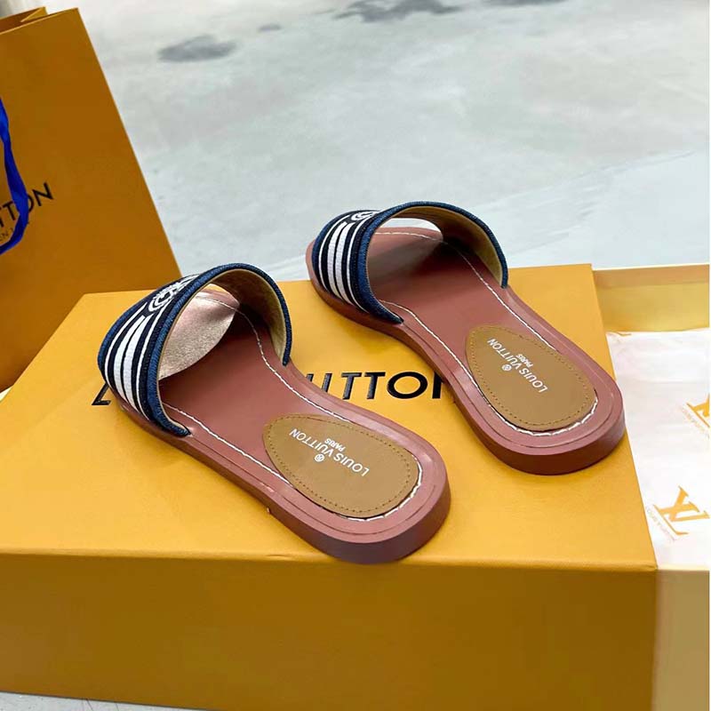 Louis Vuitton LV Women Lock It Flat Mule Blue Denim Leather LV Circle