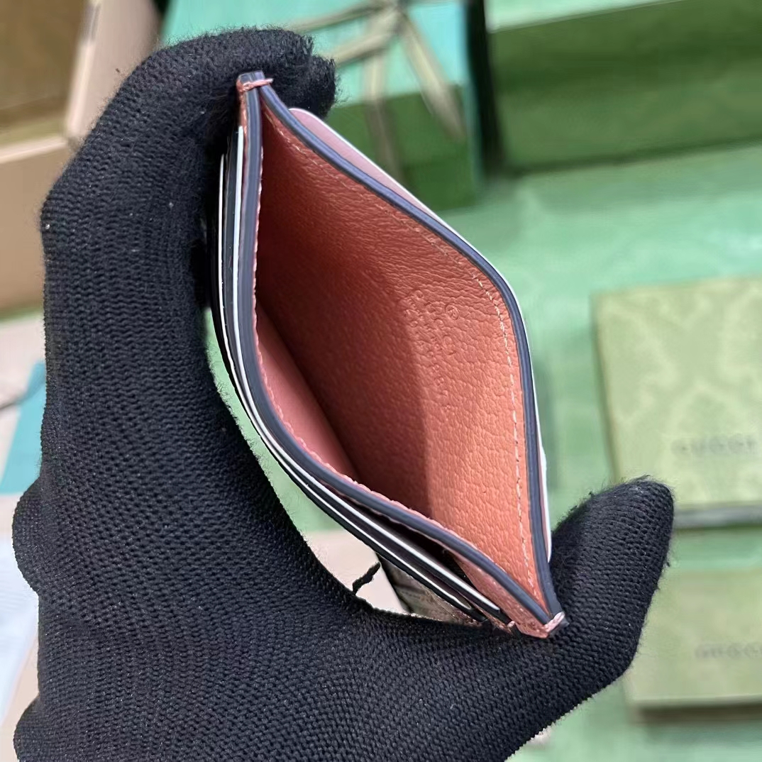 Gucci Unisex Ophidia GG Card Case Wallet Pink Canvas Leather Double G Four Card Slots