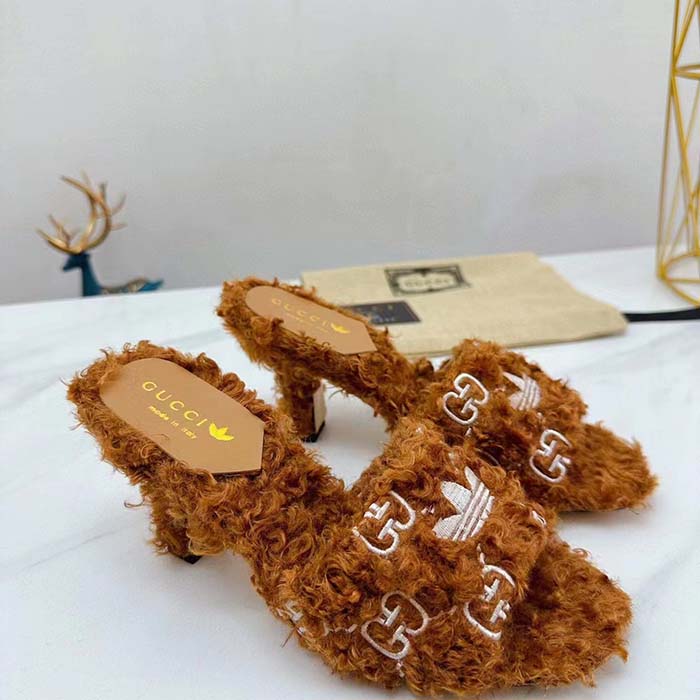 Gucci Women Adidas x Gucci Slide Sandal Brown GG Trefoil Shearling-Effect Fabric