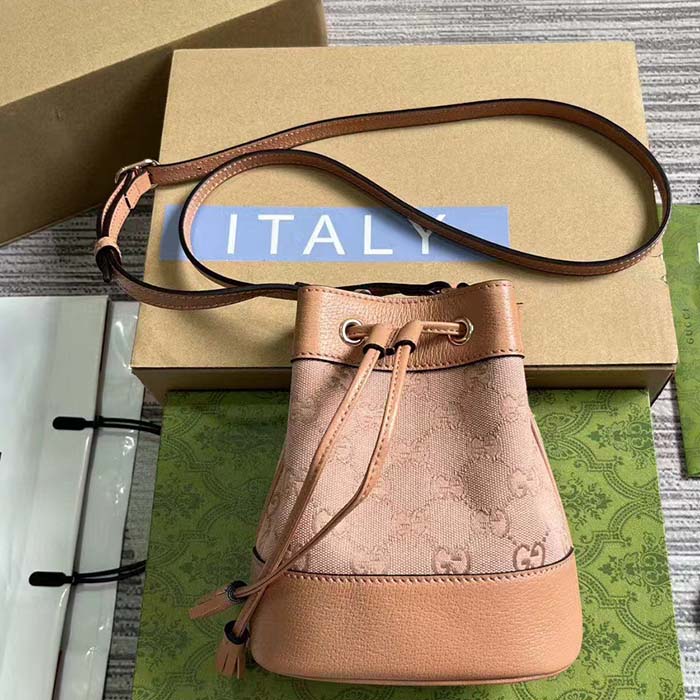 Gucci Women Ophidia Mini GG Bucket Bag Pink Canvas Leather Drawstring Closure