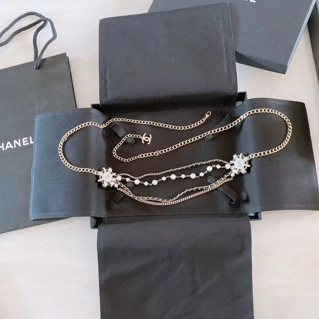 Chanel Women CC Chain Belt Calfskin Glass Pearls Black Pearly White Crystal Gold Silver-Tone Metal Strass