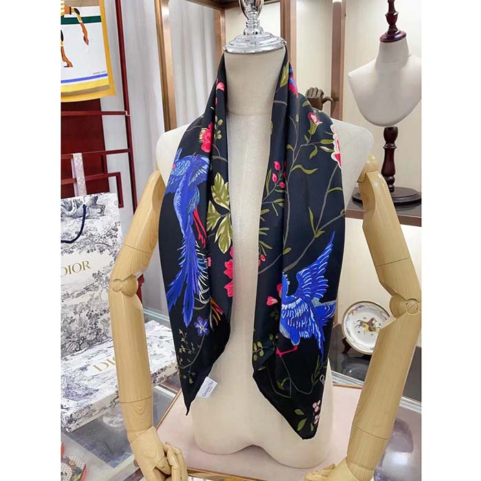 Dior Women CD Dior Birds 90 Square Scarf Black Multicolor Silk Twill