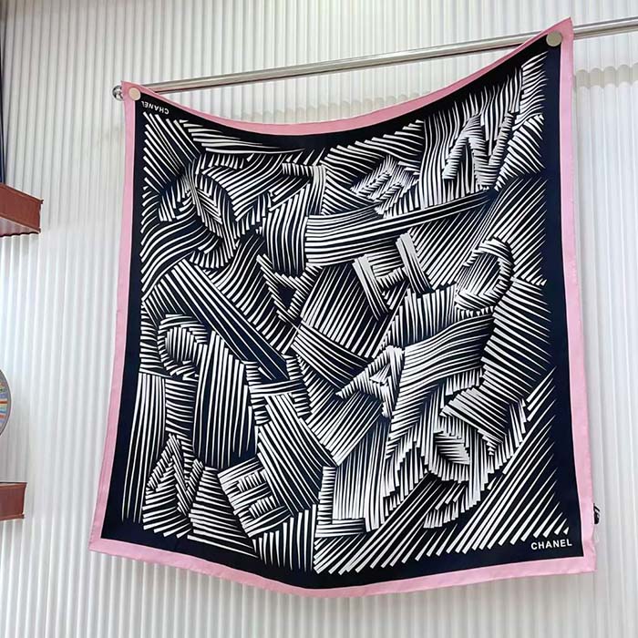 Chanel CC Women Square Scarf Silk Twill Black Light Pink