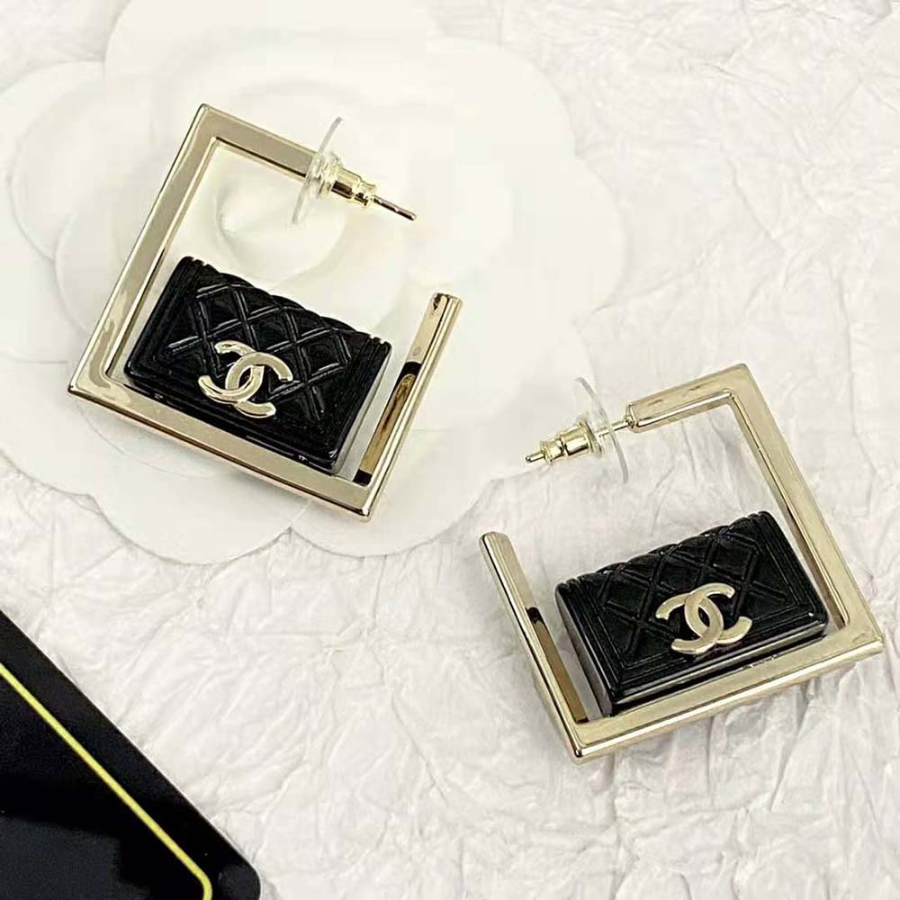 Chanel Women Hoop Earrings in Metal and Resin-Black