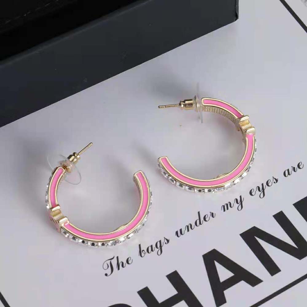 Chanel Women Hoop Earrings in Metal and Diamantés-Pink
