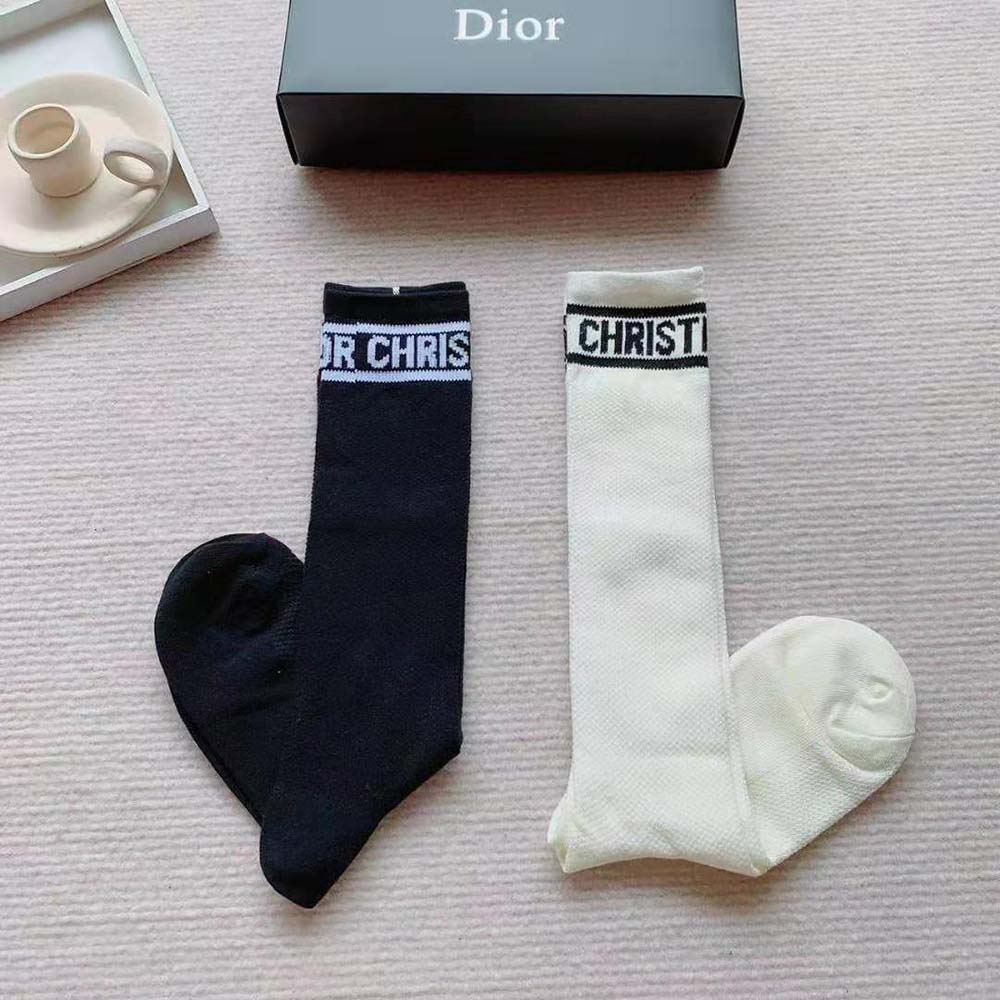 Dior Women Sporty High Socks White Black and Royal Blue Cotton