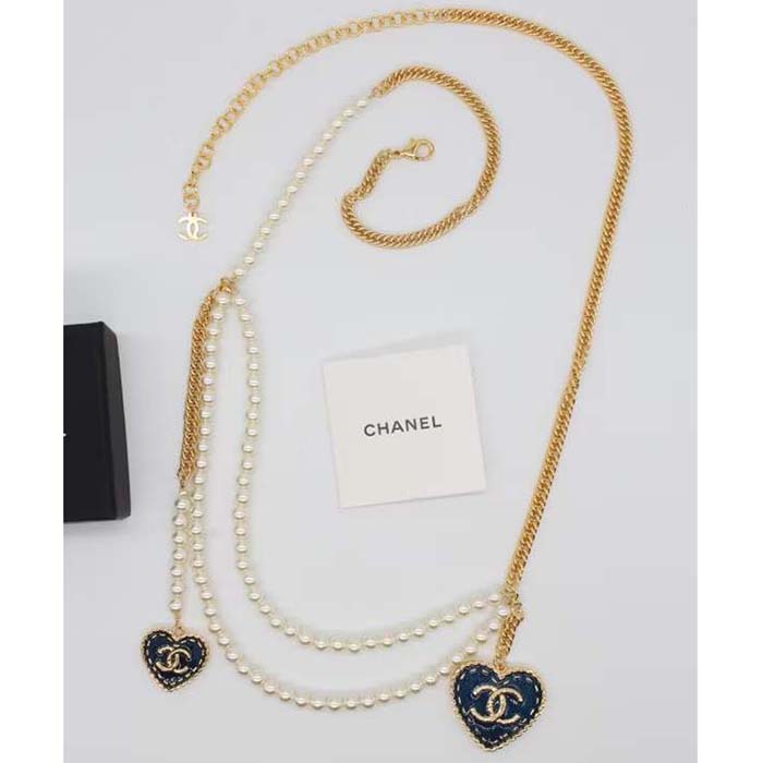 Chanel Women CC Chain Belt Metal Glass Pearls Gold Blue Pearly White