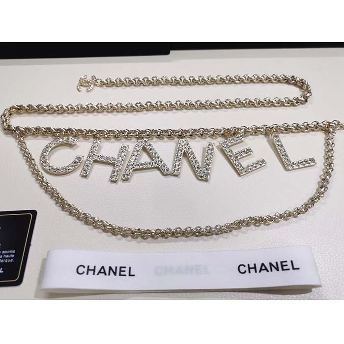 Chanel Women CC Belt Gold Tone Metal White Crystal Glass Diamond Chanel Logo