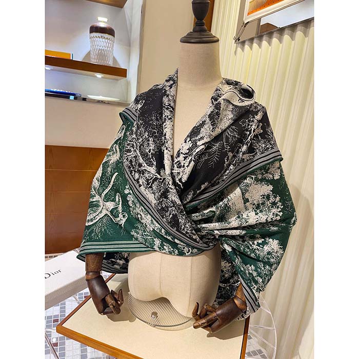 Dior Women CD Toile De Jouy Sauvage Square Scarf Navy Blue Ivory Silk Twill