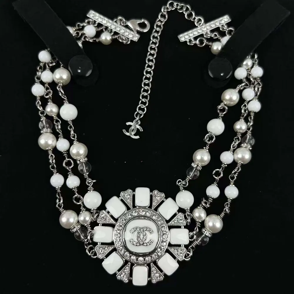Chanel Women Choker Metal Resin Glass Pearls Natural Stones Strass