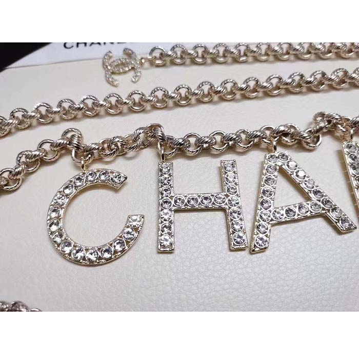 Chanel Women CC Belt Gold Tone Metal White Crystal Glass Diamond Chanel Logo