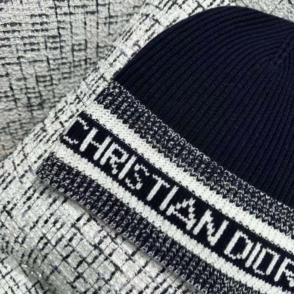 Dior Women D-White Beanie Black and Ivory Virgin Wool and Cashmere