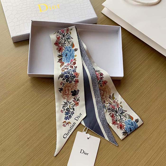 Dior Women CD Jardin D’Hiver Mitzah Scarf White Multicolor Silk Twill