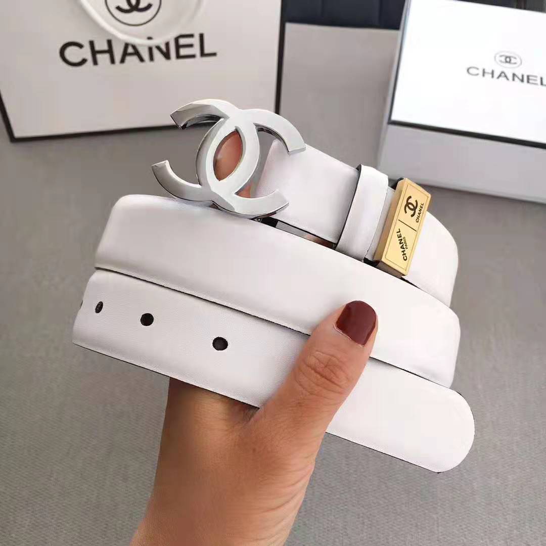 Chanel Women Lambskin & White-Tone Metal Belt-White