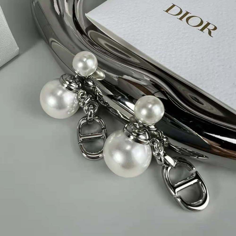 Dior Women Tribales Earrings Silver-Finish Metal with White Resin Pearls