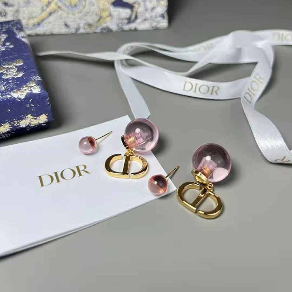 Dior Women Tribales Earrings Gold-Finish Metal and Light Pink Transparent Resin Pearls
